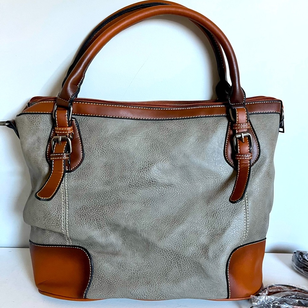 Kathy Ireland Gray, Tan and Brown Oversized Handbag Brief Tote Crossbody Bag